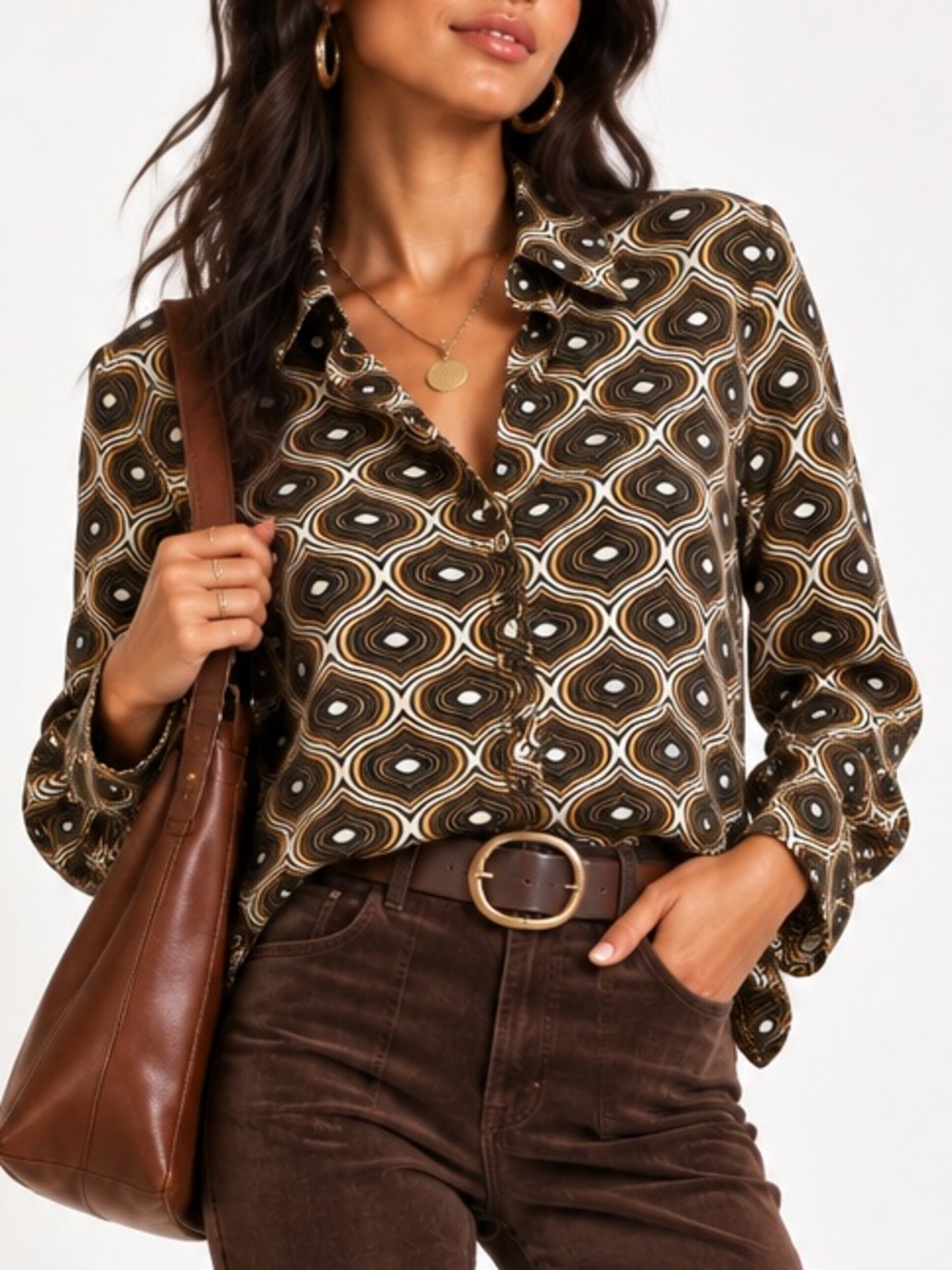 Zara Geometric Print Button Down Blouse Black Tan Retro Mod Style XL